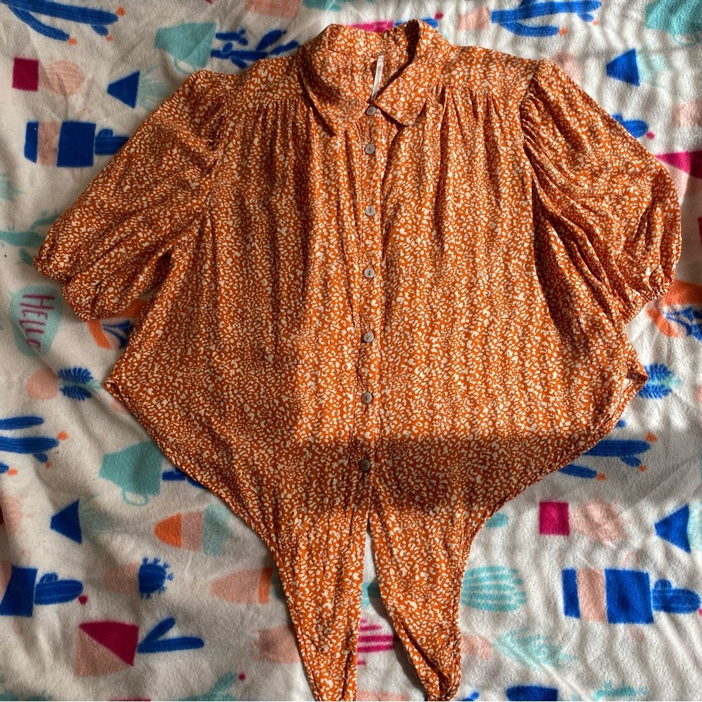 Free People Womens Small Orange Celia Button-Up Top With Front Tie - Picture 2 of 5